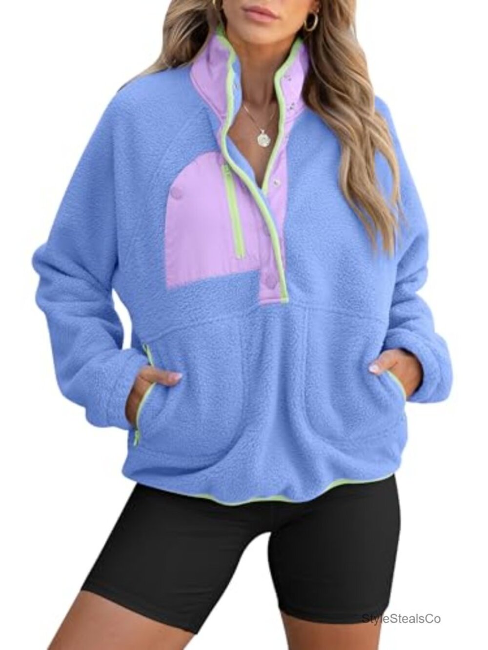 Womens Fuzzy Fleece Sherpa Pullover Jacket Button Down Pockets